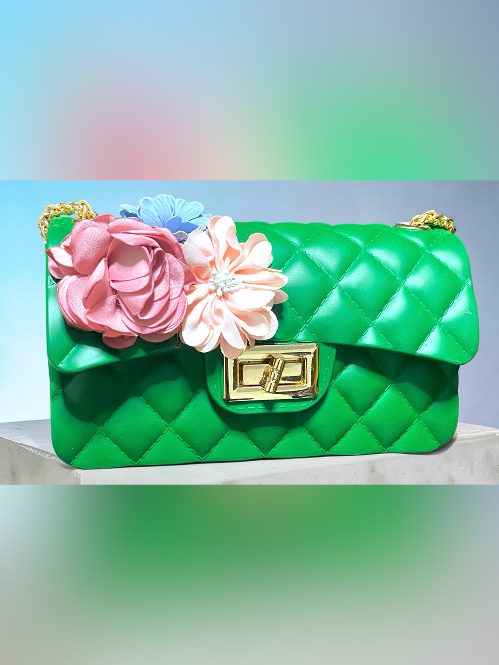 Green Quilted Jelly Bag with Floral Accent with Gold Turn-Lock NWT